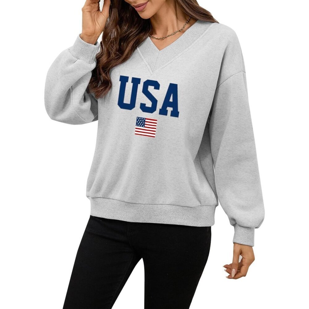 Women Graphic V Neck Sweatshirt Large USA Flag Long Sleeve Pullover - Picture 4 of 7